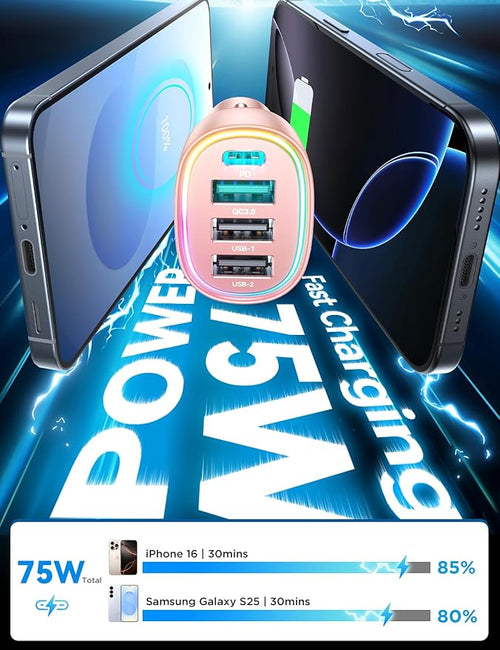 75W Car Charger USB C, 4 Port Super Fast Cigarette Lighter USB Charger, Type C 60W & QC 3.0 Multiport Car Phone Adapter Accessories for iPhone 17/16/15/14/13/12 Pro Samsung S26 Series, Pink