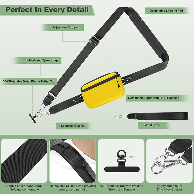 Clip and Go Strap for Phone with Wallet Crossbody, Adjustable Phone Lanyard with Detachable RFID Wristlet Wallet & Ultra-Thin 360° Rotatable Metal Tabs for All Smartphones (Yellow)