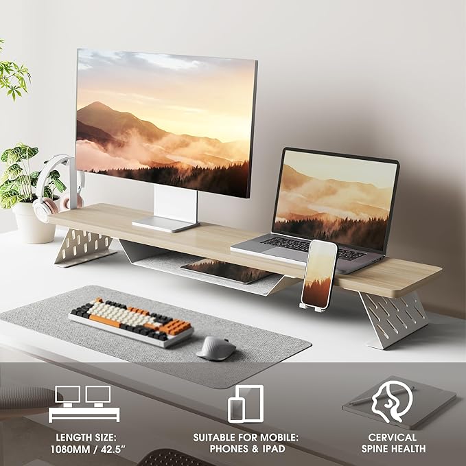 Fenge Dual Monitor Stand, Wooden Desk Shelf with Headphone & Phone Holder