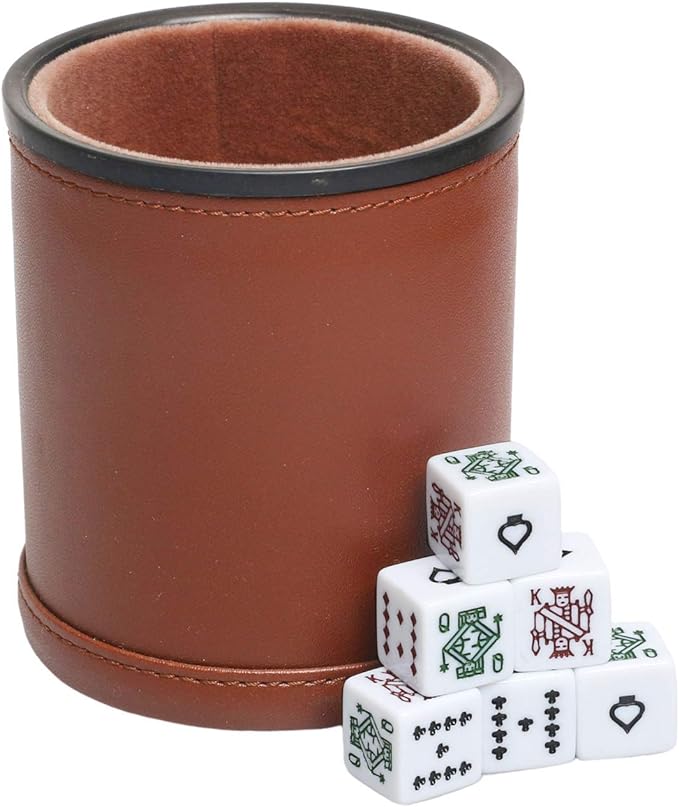 Leatherette Dice Cup with Poker Dice, Felt Lining Quiet Shaker for Playing Yahtzee/Farkle/Liars Dice,