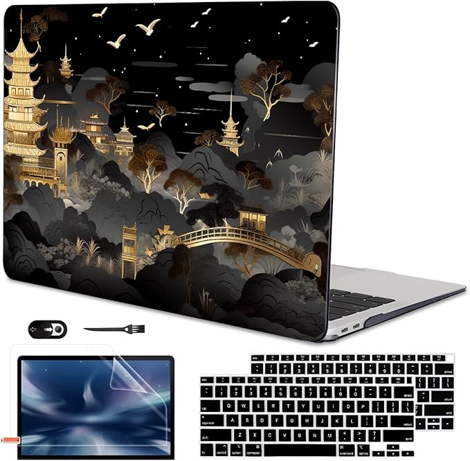 for MacBook Air 13 inch Case 2021 2020 2019 2018 Release A2337 M1 A2179 A1932 Retina Display Touch ID, Crystal Black Pattern Plastic Hard Shell Case for Mac Air 13 M1, Tide Illustration 1