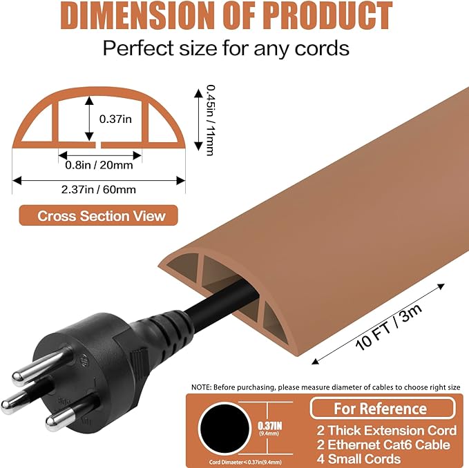 Floor Cord Cover Cavity 0.8"x0.37" Self Adhesive Cord Hider, 10FT Low Profile Cable Management, Extension Strip Protector for Wires, Prevent Cable Trips for Offices, Gyms, Exhibitions（Brown）