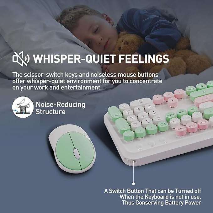 Wireless Keyboard and Mouse Set, 105 Keys Full-Size Cute Colorful Keyboard and Mouse with Retro Typewriter for PC/Mac/Laptop/Tablet/Computer/Windows Green