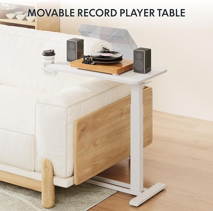 FLEXISPOT H7 Adjustable Overbed Bedside Table with Wheels Pneumatic Mobile Standing Desk Laptop Desk Rolling Computer Cart Movable Overbed Table Hospital Home Use(27.6" W x 15.7" D, White)