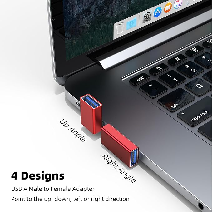 AreMe 90 Degree USB 3.0 Adapter 4 Pack, Up and Down Angle, Left and Right Angle USB A Male to Female Converter Extender for PC, Laptop, USB A Charger, Power Bank and More (Red)