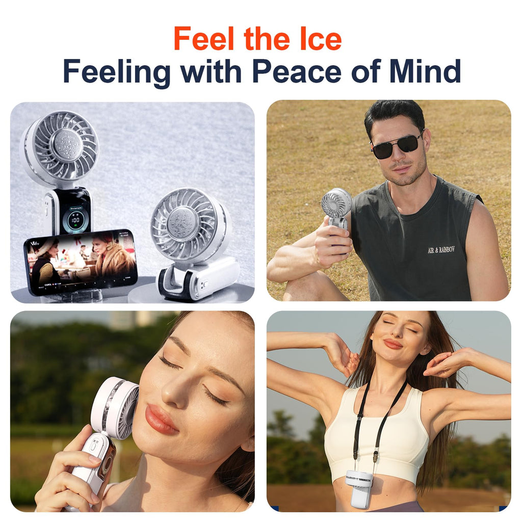 GZEduld Personal Handheld Fan with Stand & Lanyard, 5000mAh USB-C Rechargeable Battery, 12H Runtime 5-Speed LED Display Mini Cool Fan for Travel Beach Concerts Outdoor Events（4 Colors Available）