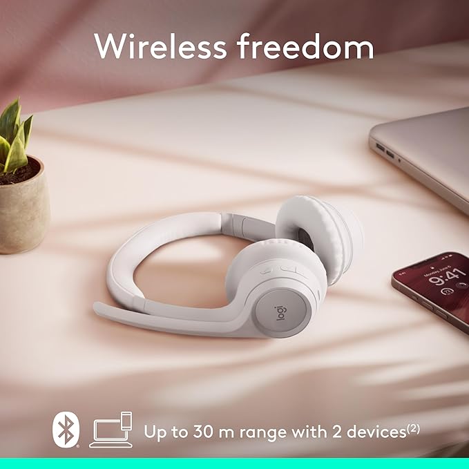 Logitech Zone 300 Wireless Bluetooth Headset with Noise-Canceling Microphone, Compatible with Windows, Mac, Chrome, Linux, iOS, iPadOS, Android – Off-White