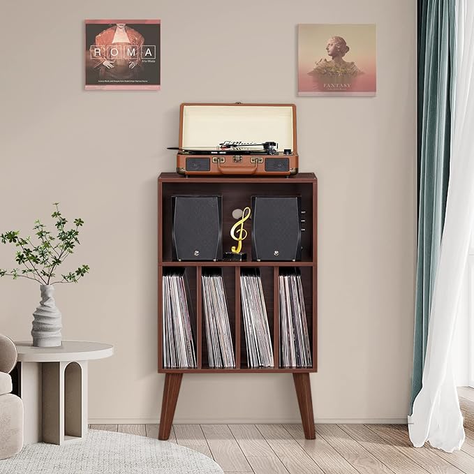 Lerliuo Record Player Stand, Walnut Turntable Stand Holds up to 160 Albums, Mid-Century Vinyl Storage Cabinet Table with Solid Wood Legs, Record Player Holder Dispaly Shelf for Bedroom Living Room