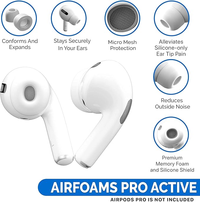 Patented Design Memory Foam Ear Tips for AirPods Pro and AirPods Pro 2 w/Silicone Shield. AirFoams Pro Active 2.0 Lasts 5X Longer. Replacement Tip. As seen on Kickstarter. (S/M/L, White)