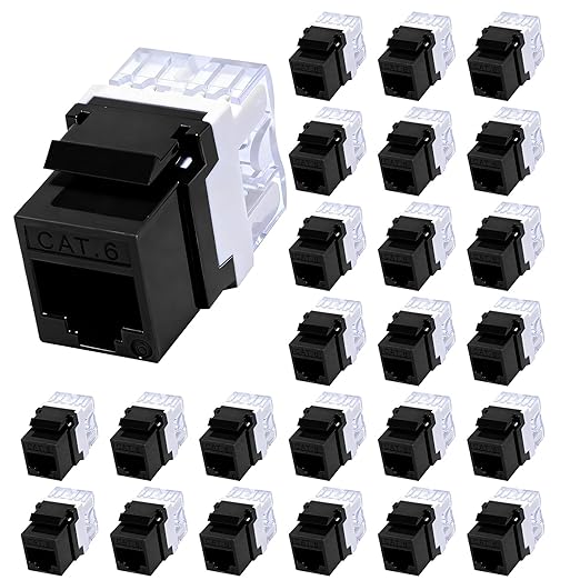 RJ45 Cat6 Keystone Jacks 25-Pack, Ethernet Keystone Jack, 180 Degree Punch-Down Cat 6 Keystone Jack Slim Profile for Wall Plates & Patch Panels – Black