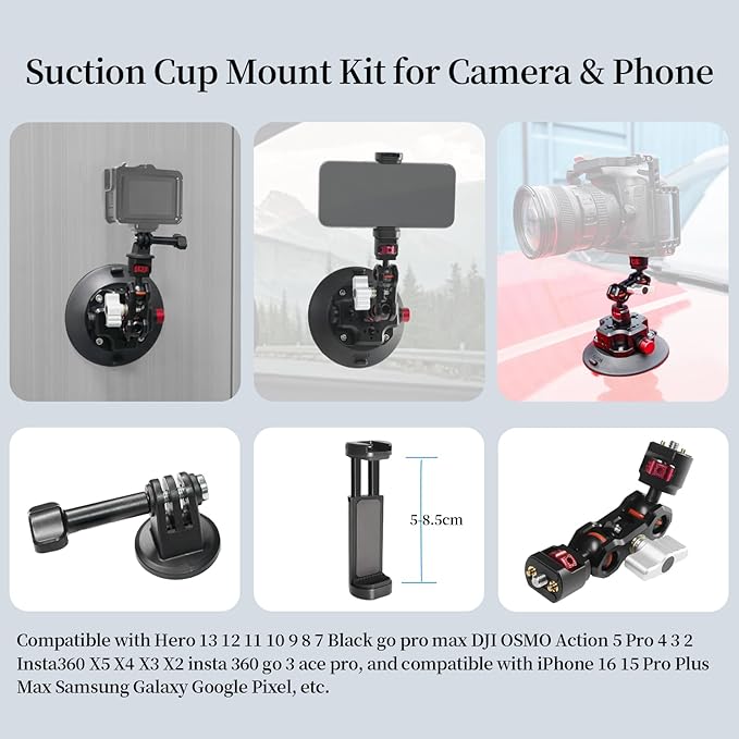 FIFIELD 4.5in Suction Cup Camera Mount with Aluminum Ball Head Magic Arm, 1/4" ARRI Holes, Quick Release Car Mount with Phone Holder & Action Cam Adapter Compatible with DJI Pocket 3 Insta360 iPhone