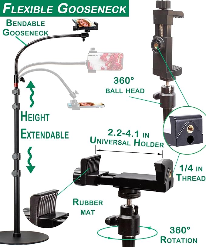 Phone Overhead Stand, Gooseneck Phone Floor Stand, Tall Video Cell Phone Mount with Height Adjustable Stand, Heavy Base, 360 Head, Works with iPhone 16, 16 Pro Max, 16 Plus, 15, 14, 13