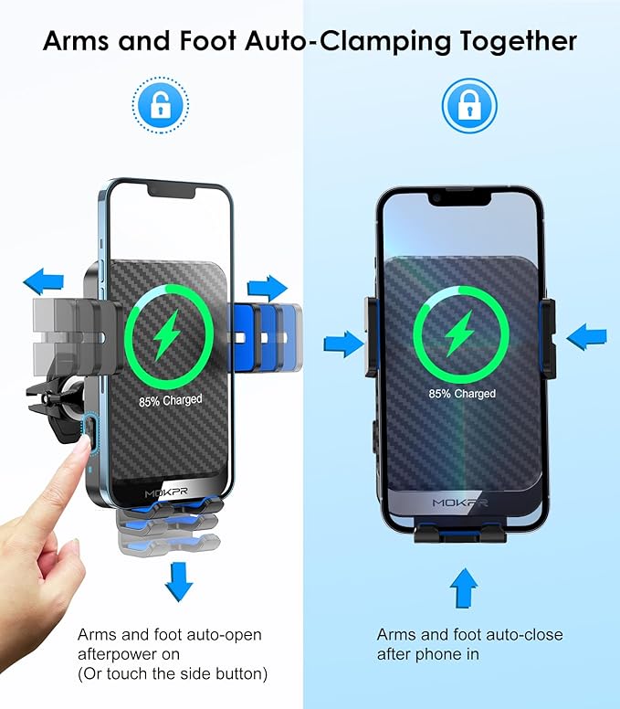 Wireless Car Charger, MOKPR 15W Fast Charging Auto-Clamping Phone Mount Air Vent Cell Phone Holder Compatible iPhone 15/14/13/13 Pro/12 pro/12/11/X/8, Compatible Galaxy S23/S22/S21/S20, etc Blue