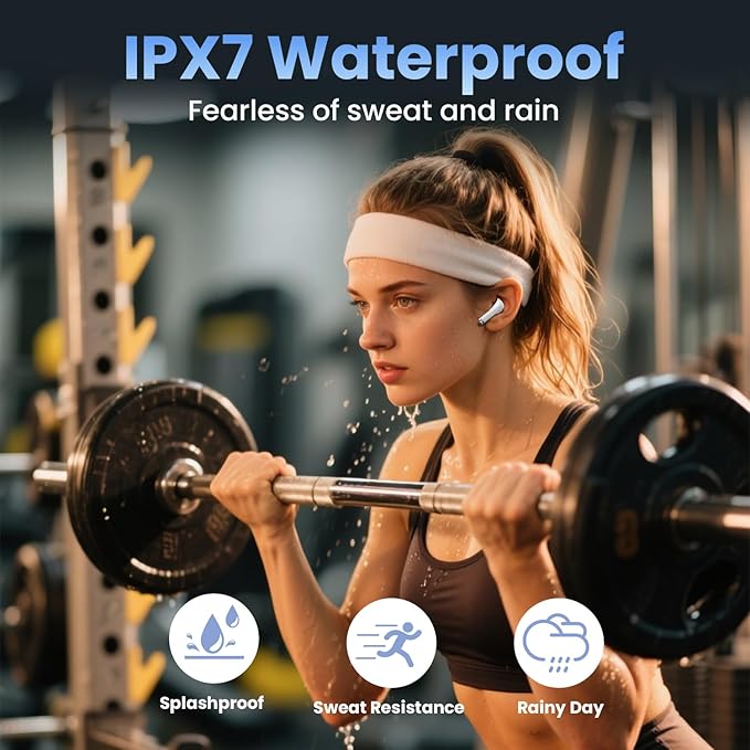 Wireless Earbuds, Bluetooth Headphones with Deep Bass Stereo, 48H Playback Ear Buds with LED Power Display Charging Case，Lightweight, IPX7, in-Ear Earphones with Mic for for Phone Tablet Laptop, White