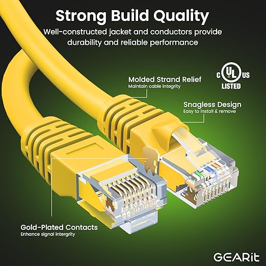 GearIT Cat 6 Ethernet Cable (24-Pack 5 Feet) Cat6 Network Patch, 10Gbps, RJ45, Snagless Cord, Gold-Plated Connectors, Internet for PC, TV, Tablet, Router, Printer, Servers, IT Data Center - Yellow