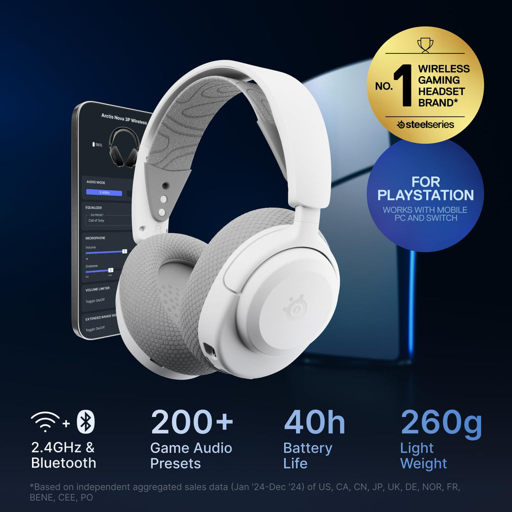 SteelSeries Arctis Nova 3P Wireless Multi-Platform Gaming Headset — Mobile App Control — 40 HR Battery — Neodymium Magnetic Drivers — 2.4GHz/Bluetooth — PS5, PS4, PC, Switch, Mobile — White
