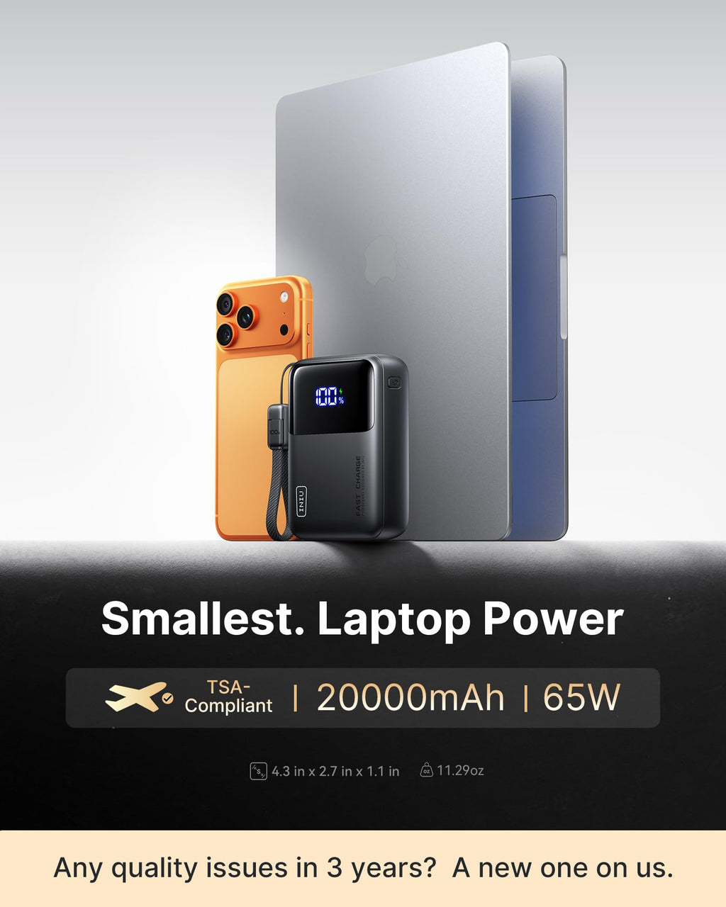 INIU 20000mAh Laptop Power Bank, Ultra Compact 65W PD Dual Fast Charging Portable Charger, TSA Approved Battery Pack with USB C Cable for Travel MacBook iPad Tablet Switch iPhone 17 16 Pro Samsung S25