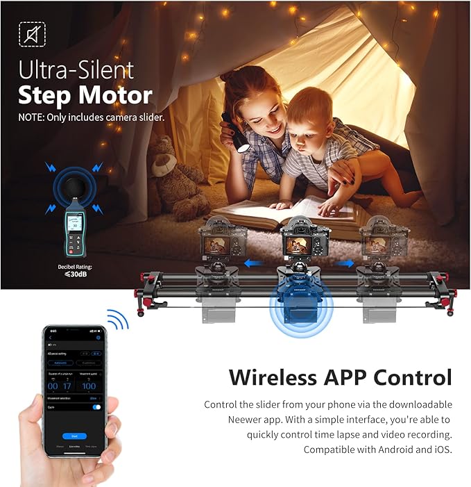NEEWER 39.4”/100cm Motorized Camera Slider, App Wireless Control Carbon Fiber Dolly Rail Slider, Support Video Mode, Time Lapse Photography, Horizontal, Tracking and 120° Panoramic Shooting (ER1-100)