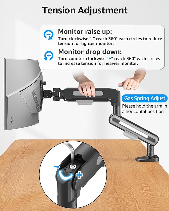MOUNTUP Single Monitor Desk Mount for 4.4-26.5lbs, Heavy Duty Monitor Arm for 40 39 37 34 32 27inch, Full-Motion Monitors Stand, Height Adjustable Gas Spring Monitors Arm with C-Clamp＆Grommet Base