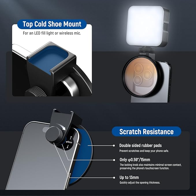 NEEWER Clip On 67mm Phone ND Filter Kit, Upgraded Lens Clip Cold Shoe Mount/Locking Knob, CPL/ND32/6 Point Star/4 Graduated Color Filter Compatible with iPhone 16 15 Pro Max Plus 14 13 Samsung S23 S24