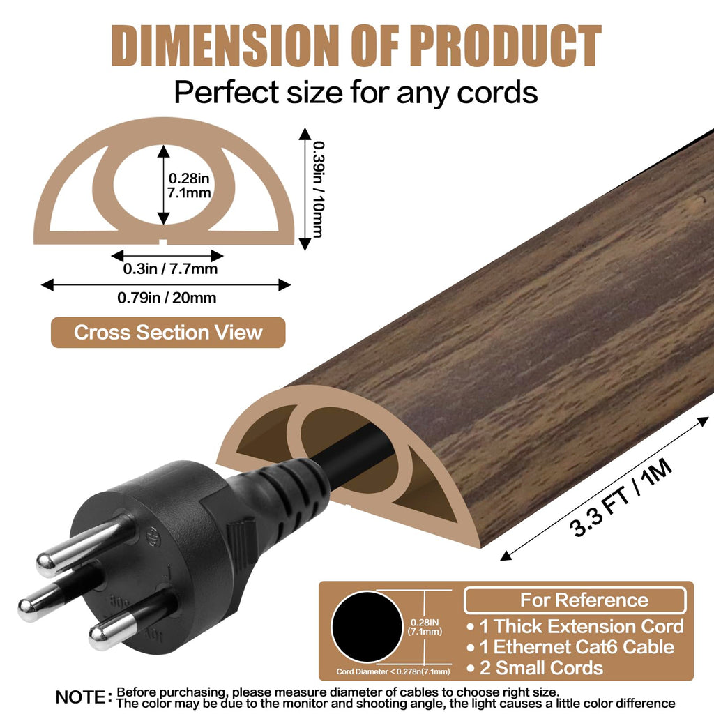 Floor Cord Cover Self Adhesive Cord Hider,3.3FT Cable Management, Extension Strip Protector for Wires, Prevent Cable Trips for Offices, Gyms, Exhibitions Cavity:0.3"(W) x 0.28"(H) Wood Walnut