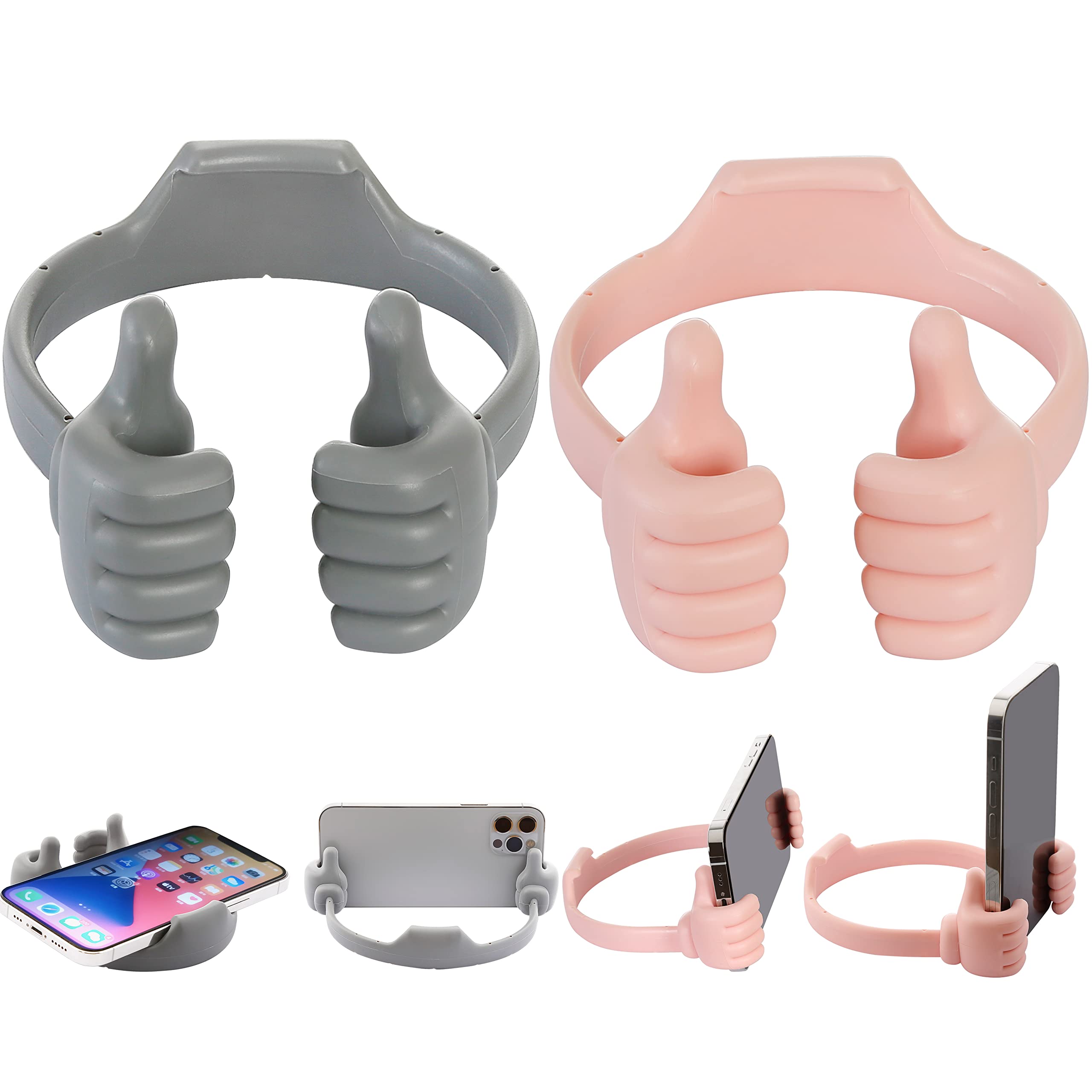 Honsky Cell Phone Stand Holder 2-Pack,Thumbs Up Lazy Phone Stand,Universal Adjustable Flexible Dock for All Phones & Tablets,Cute Perfect Valentine's Day Gifts for Him/Her,Gifts for Couples,Grey/Pink