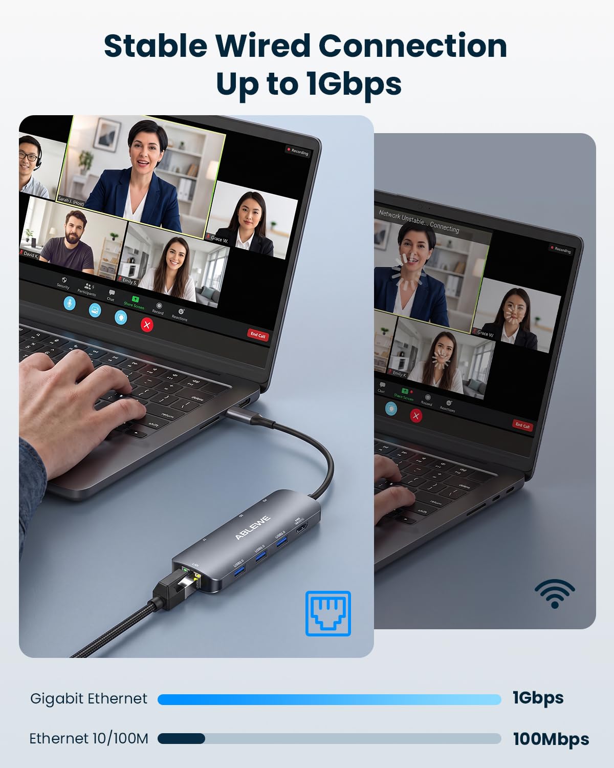 ABLEWE USB C Hub Ethernet 8-in-1, Multiport USB C to HDMI Hub, 4K@60Hz,1000Mbps, 100W PD, 3 USB 3.0 Ports, Docking Station Compatible with MacBook Pro/Air, Tablet, Phone, Type C Devices