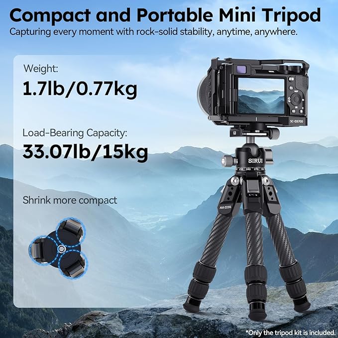 SIRUI AM-223S+G0 Carbon Fiber Desktop Tripod – Ultra-Light 1.7lbs, Max Height 16.7", 360° Panoramic Ball Head, Heavy-Duty Support to 33.07lb for DSLR & Mirrorless Cameras