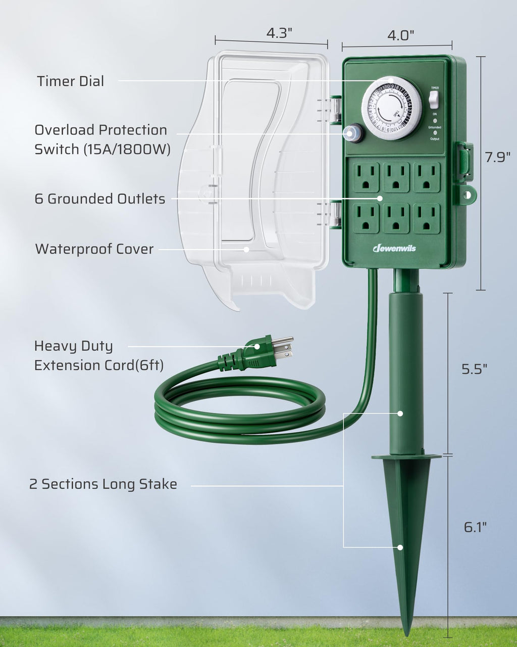 DEWENWILS Outdoor Power Stake Timer, 24-Hour Mechanical Timer, 6 Outlets
