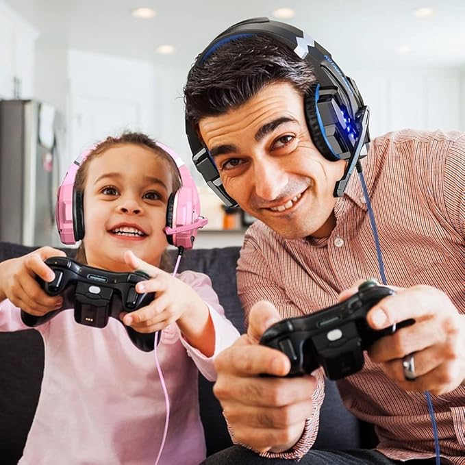 BENGOO G9000 Professional Gaming Headset for PS4, PC, Xbox One Controller, Noise Cancelling Over Ear Headphones with Mic, LED Light, Bass Surround, Soft Memory Earmuffs for Laptop Nintendo - Pink