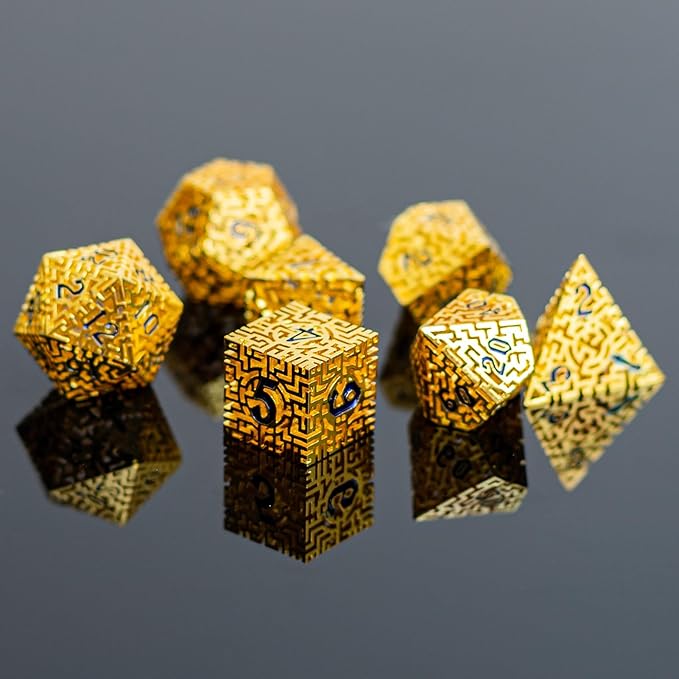 Golden Metal Hollow DND Dice Set (Paladin) Metallic Luster Maze Design with Storage Box - Balanced Weight 7 Piece Zinc Alloy, Designed for Dungeons and Dragons DM Player RPG Accessories