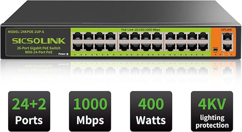 26-Port Gigabit PoE+ Switch, 24×30W PoE Ports, 2 Uplinks, 400W Total Power, Fanless, 19" Rackmount, 4KV Surge Protection, One-Key VLAN for IP Cameras APs