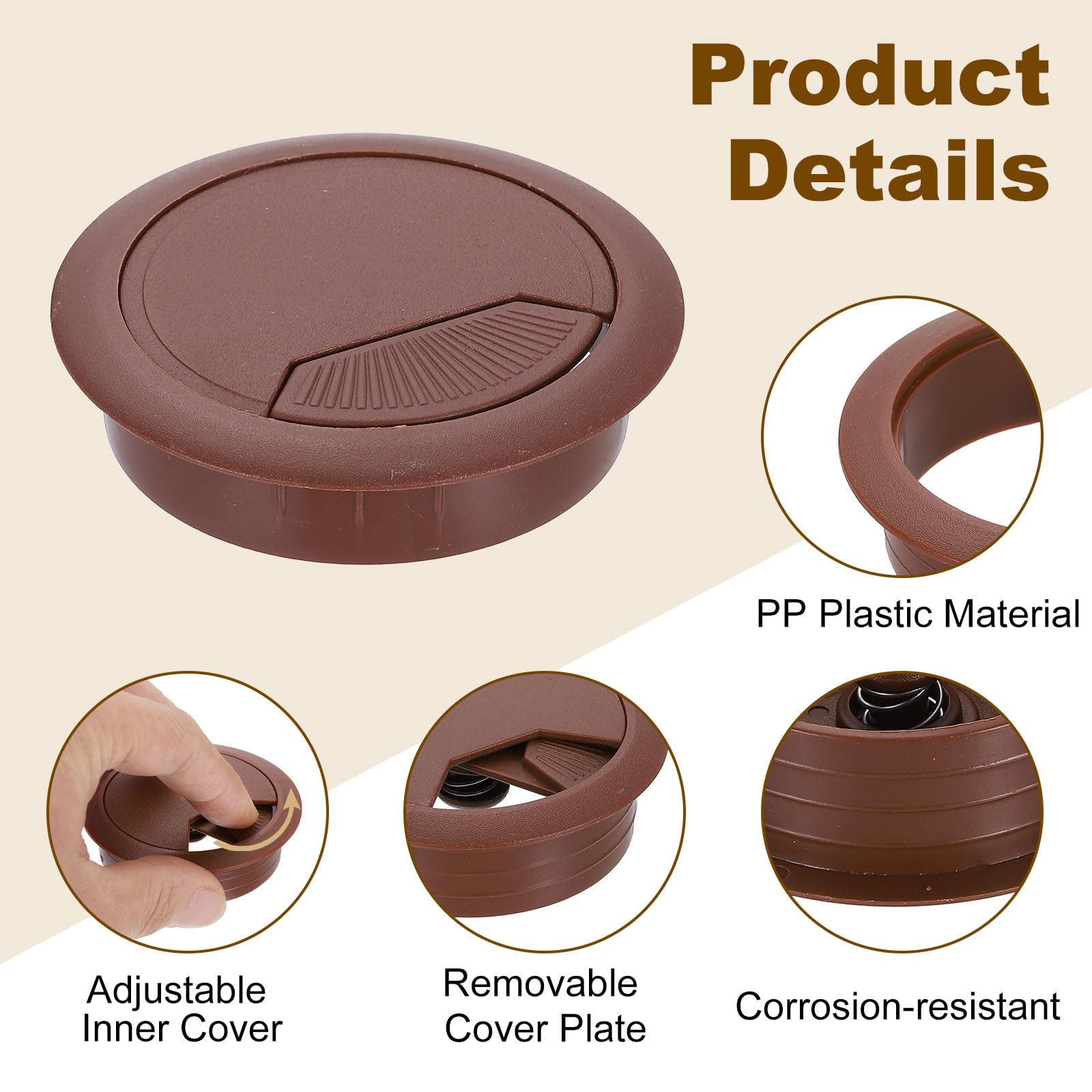 uxcell 5 Pcs 60mm (2.36 Inch) Desk Grommet, Plastic Cable Hole Cover, Wire Cord Cable Organizer for Home Office Computer Desk Cabinet, Brown
