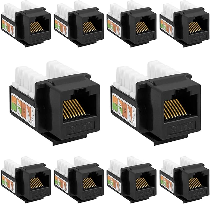 Cmple - 10 Pack Cat6 Keystone Jack Insert Punch Down RJ45 Connectors RJ45 90 Degree Female for Wall Plates, Patch Panels, Patch Cables, Ethernet Cables - Black