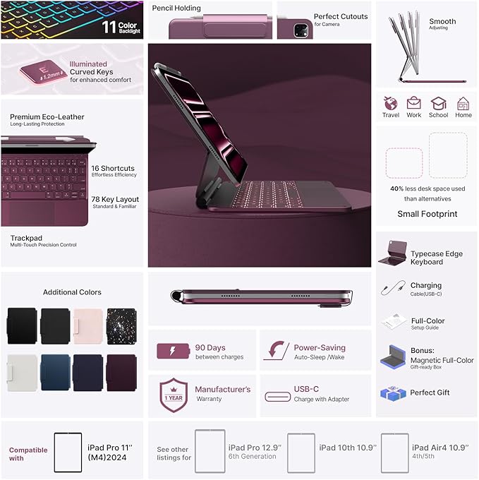 typecase Keyboard Case for iPad Pro 11-inch (M4) 2024,Magic Keyboard with 11 Colors Backlight for iPad Pro 11,Keyboard Case with Pencil Holder,Multi-Touch Trackpad,Easy-Set Magnetic Stand,Raspberry