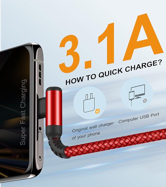 sweguard USB Type C Charger Cable Right Angle [2-Pack,10FT] iPhone 15 Charger Nylon Braided Cord for iPhone 16 15 Pro Max Samsung Galaxy S25 S24 S23 S22 S21 S20 S10 S9 Note A15 A55 Flip Pixel LG Moto