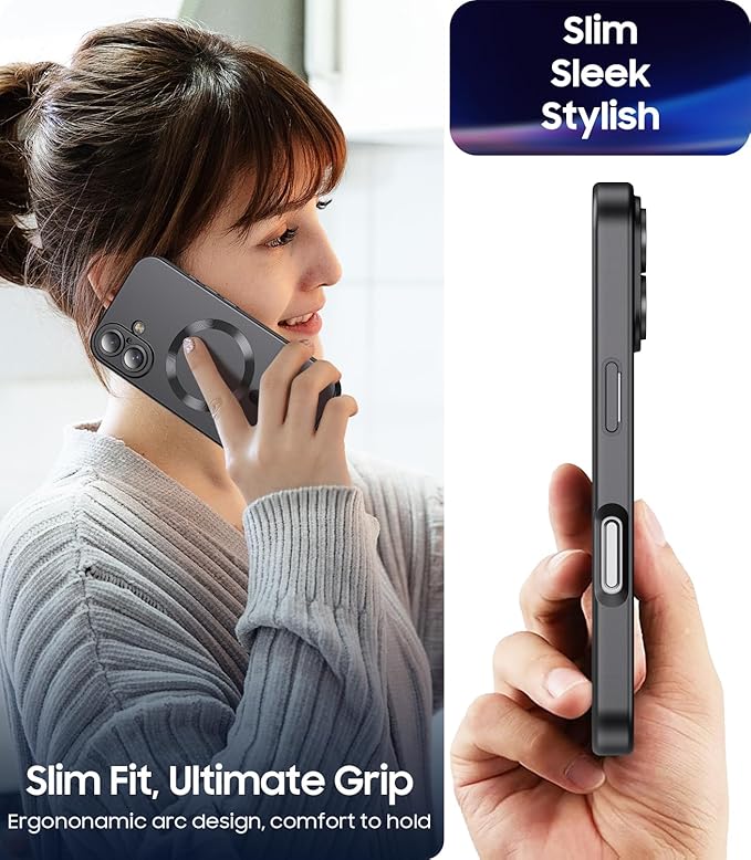 Magnetic for iPhone 16 Plus Case [Compatible with MagSafe][Built-in Camera Lens Protector] Slim Soft Silicone Bumper Shockproof Metallic Luster Phone Case (Black)