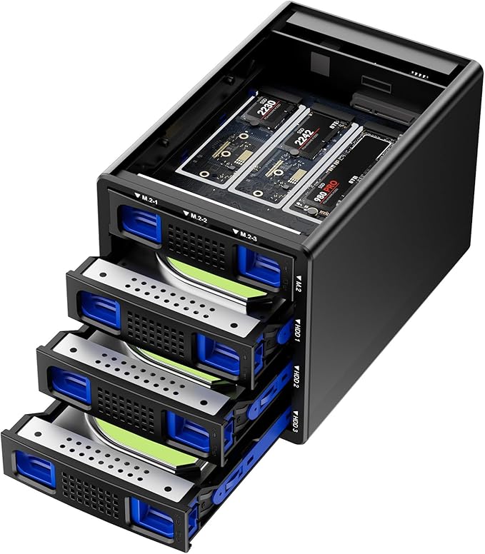 Hybrid 3*2.5/3.5" SATA HDD/SSD+3* M / B+M Key M.2 NVMe Enclosure with Cooling Fan and USB A/C 3.2 Gen 2, Hard Drive Enclosure Support 90TB(3*22TB HDD+3*8TB 2230/2242/2260/2280/22110 SSDs)