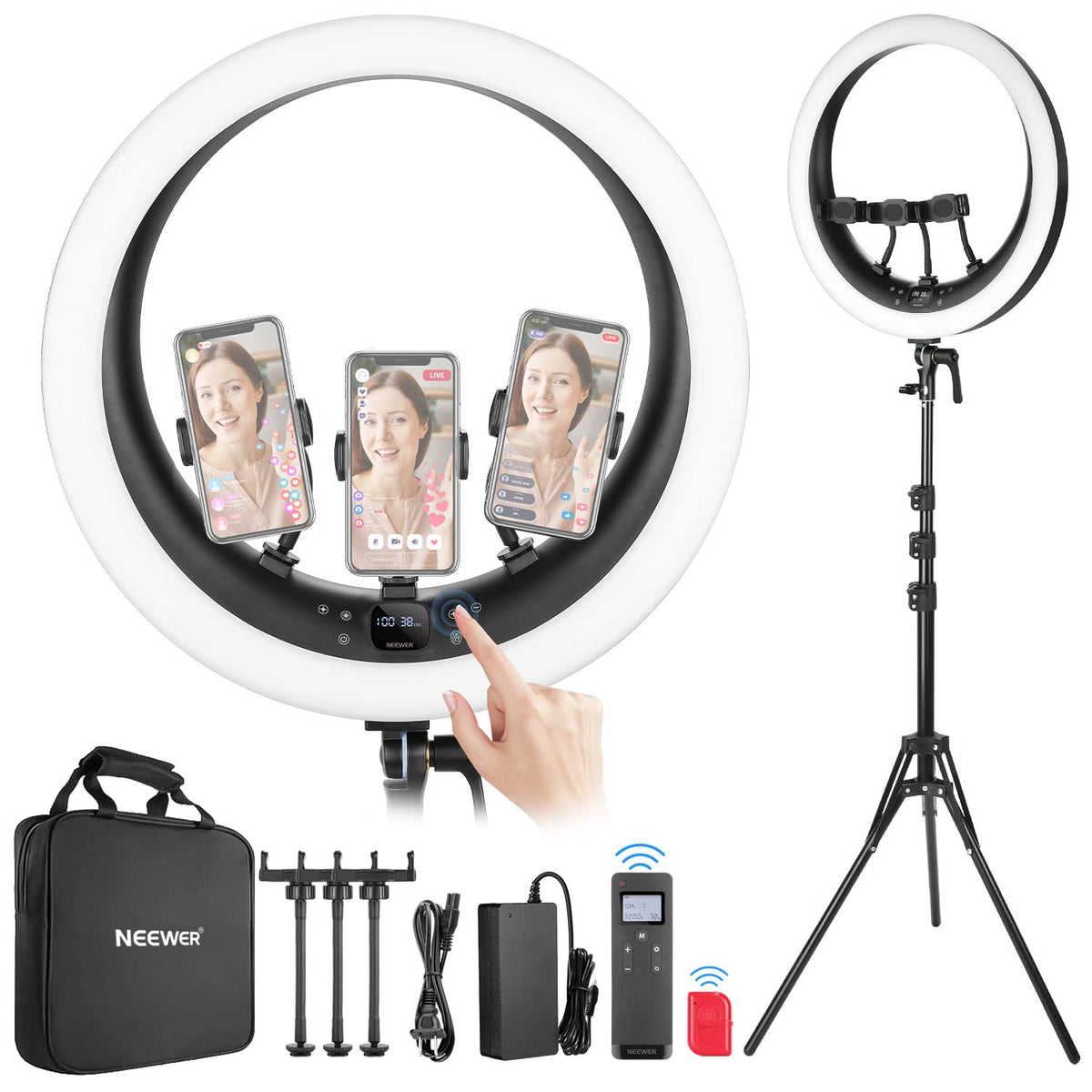 NEEWER 19 inch 2.4G Ring Light with Stand, 3 Phone Holders, 2.4G USB Transmitter for Mac/PC Remote Control, Touch Panel, Smooth Dimming at 1%, 3200K-5600K for Selfie TikTok Live Streaming Zoom, RP19H