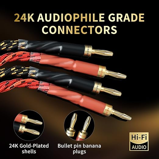 12 AWG Audiophile HiFi Speaker Audio Cable–4N OFC Core,24K Gold-Plated Banana Plugs with Nylon Braid,Compatible with Amplifier,Speakers, AV Receiver & Home Theater(8.20ft/2.5m) 2-Pack