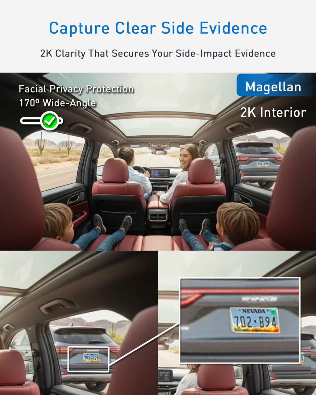 MAGELLAN DR50 3 Channel Dash Cam, 4K+2K Front Cabin Rear, Night Vision, Wide-Angle (170°), STARVIS 2 IMX678, Strong Mount, GPS, Wi-Fi App Control, 24H Parking Mode, Fatigue Alert, 64GB Card Included