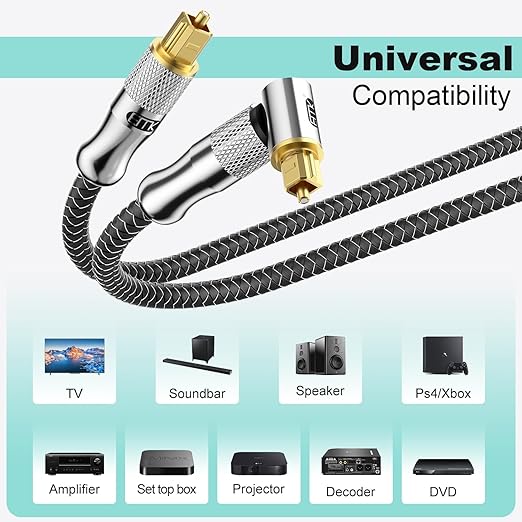 EMK Premium 24K Gold-Plated Right Angle Optical Cable – 90° Toslink to Toslink (1.2M/4Ft), 360° Rotatable for Soundbars, TVs & Home Theater