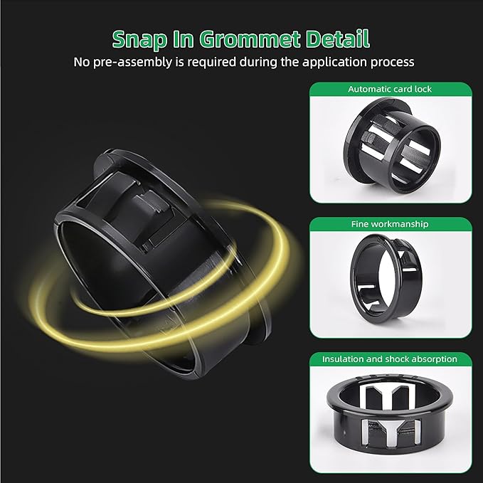 3-9/16"(90mm) Black Snap-in Knockout Insulating Bushing Grommets, Plastic Cable Hole Grommets for Wiring, Round Nylon Snap in Locking Electrical Wire Cord Hose Tubing Bushings Grommets, 4pcs