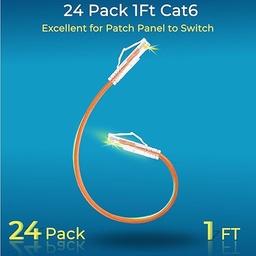 Rapink Patch Cables Cat6/ Cat6a 1ft (24 Pack) Slim, Cat6a Ethernet Patch Cable 10G Support, Snagless Cat 6 Patch Cable for Patch Panel to Switch, Flexiable Cat6 Ethernet Cable Orange