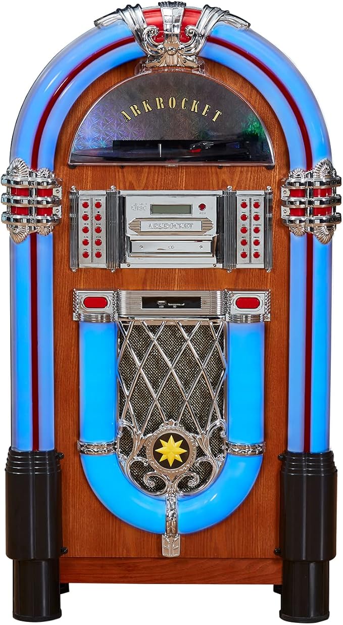 Arkrocket Taurus II Mid-Size Jukebox Entertainment Center Bluetooth Vinyl Record Player Turntable CD Player Radio SD USB Player (Maple)…