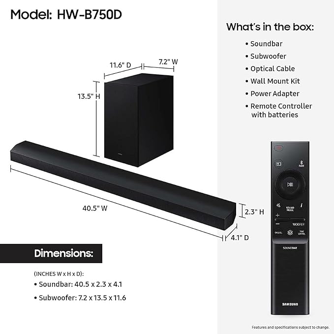 Samsung HW-B750D/ZA 5.1 ch Soundbar w/ Dolby Audio, Surround Sound expansion, Bass Boost, Adaptive Sound, DTS Virtual:X, Wireless Subwoofer, 2024