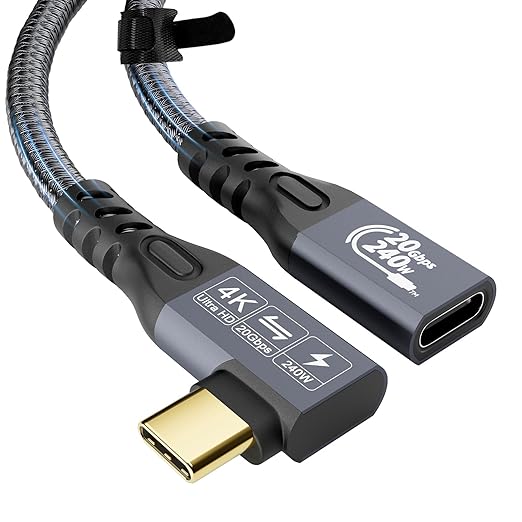 CABLEDECONN USB C 3.2 Gen-2 Extension 1M 3.3FT 90 Degree ElbowThunderbolt 3 240W Fast Charging Cable Male to Female Data Transfer 20Gbps 48V/5A 4K Video Cable Compatible with MacBook