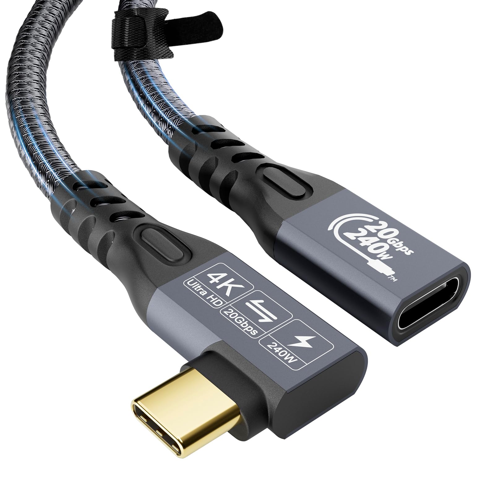CABLEDECONN USB C 3.2 Gen-2 Extension 1M 3.3FT 90 Degree ElbowThunderbolt 3 240W Fast Charging Cable Male to Female Data Transfer 20Gbps 48V/5A 4K Video Cable Compatible with MacBook