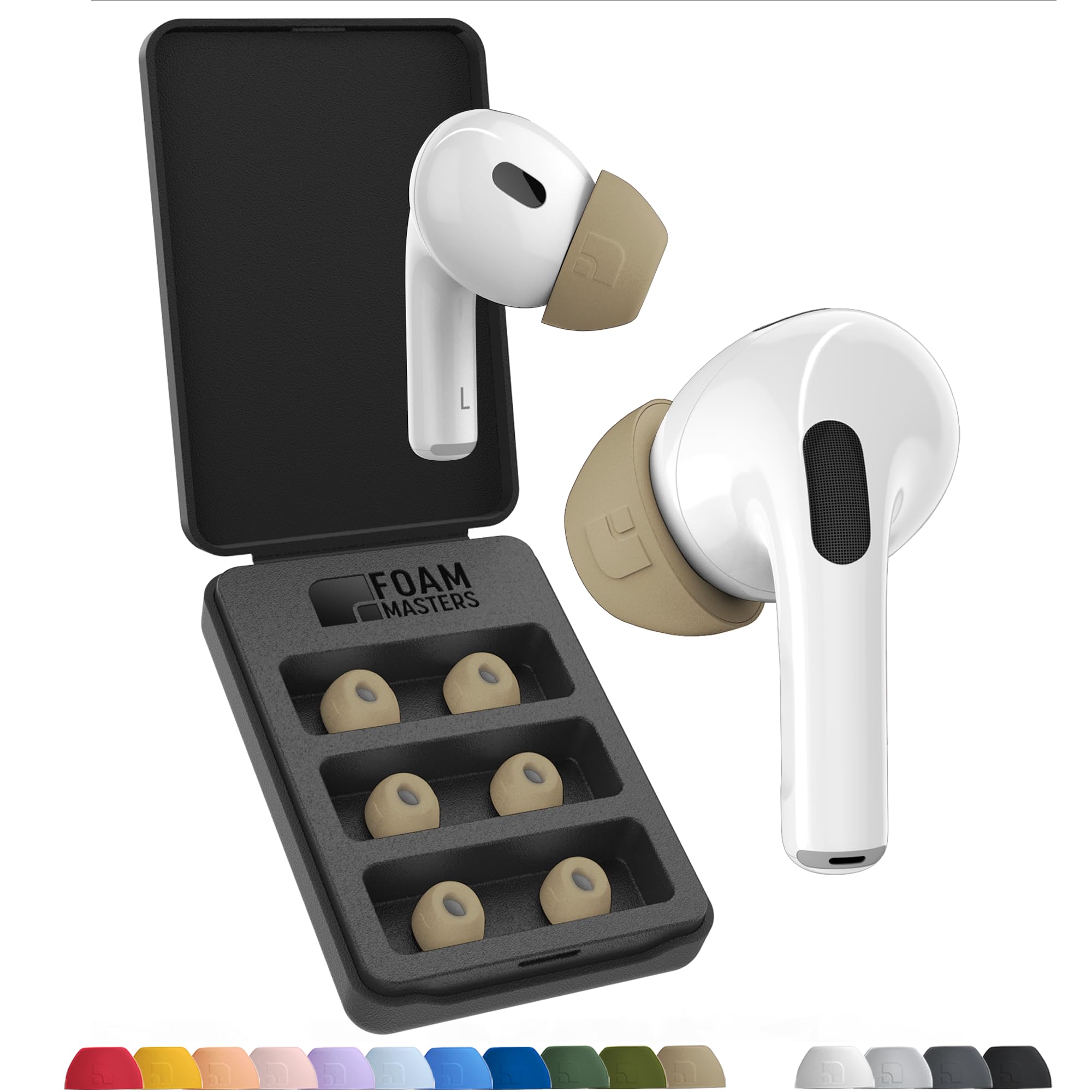 Foam Masters Ultra-Premium Memory Foam Ear Tips for AirPods Pro 1st & 2nd Gen | 3 Pairs | New Ver. | Secure Fit | Super Comfort | Better Noise Cancel | Replacement Buds (Assorted S/M/L, FDE Tan)