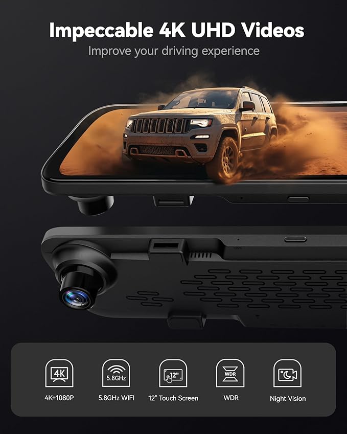 WOLFBOX G840S 12" 4K Mirror Dash Cam Backup Camera, 5.8GHz WiFi Smart Rearview Mirror for Cars & Trucks, Front and Rear View Dual Cameras, Night Vision, Parking Assistance, Included 32GB Card & GPS